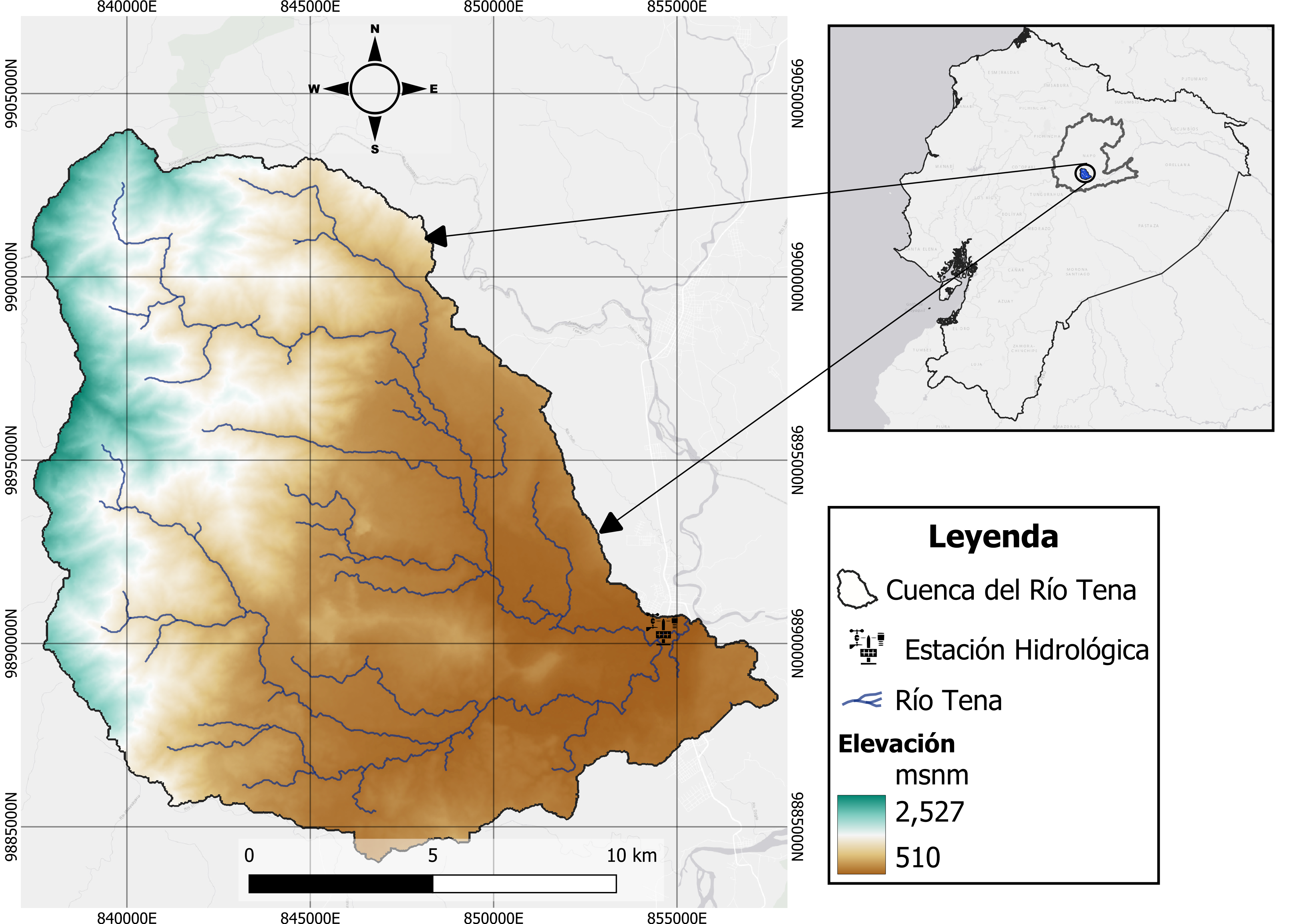 Mapa de la cuenca del río Tena con elevación, red hidrográfica y estación hidrológica